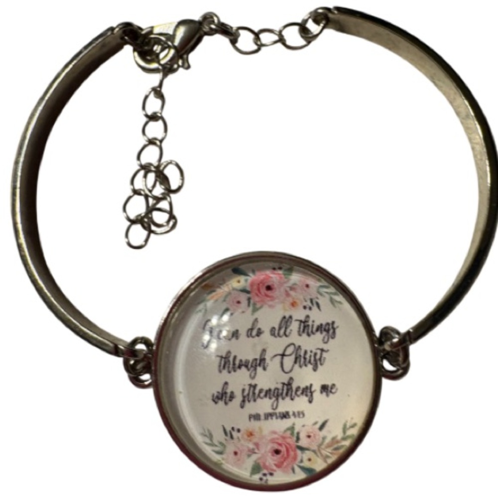 Silver scripture “I can do all things..” bangle bracelet. Stainless steel.